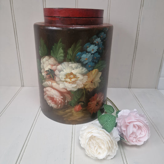 Painted flower design wooden tall storage jar with lid
