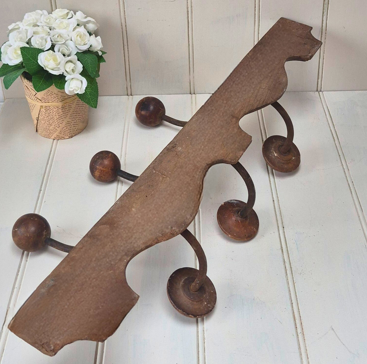 Vintage French wooden 3 hook rack with curved base