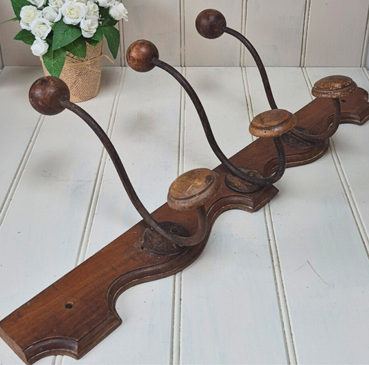 Vintage French wooden 3 hook rack with curved base