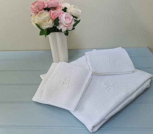 Set 12 BD BJJ French vintage monogram napkins & tablecloth Immaculate