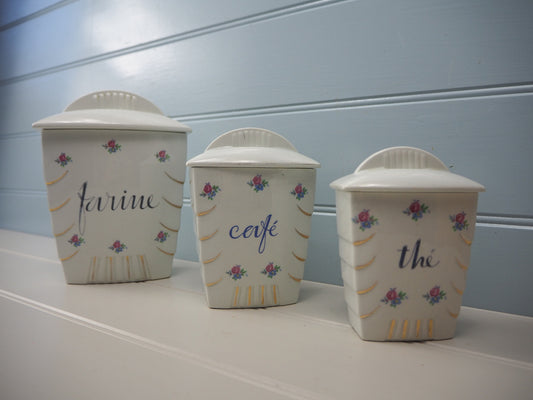 Vintage French Luneville Art Deco style 3 floral kitchen storage jars