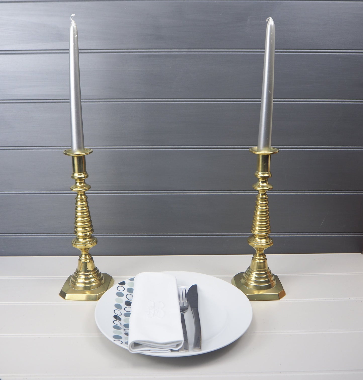 Pair vintage French polished brass candlesticks Bobbin detail Rare