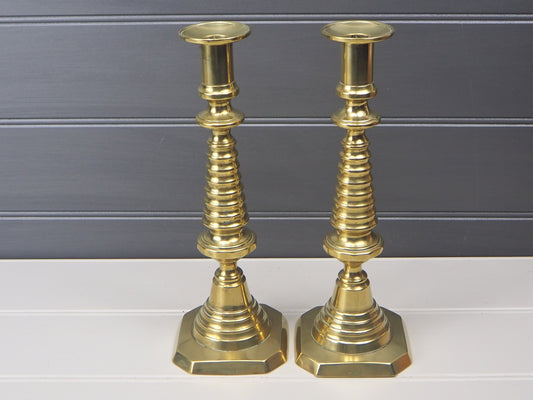 Pair vintage French polished brass candlesticks Bobbin detail Rare