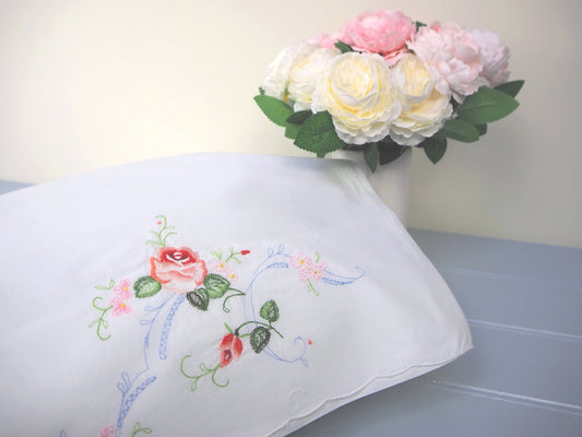 Vintage French rose embroidered white cotton rectangular pillowcase