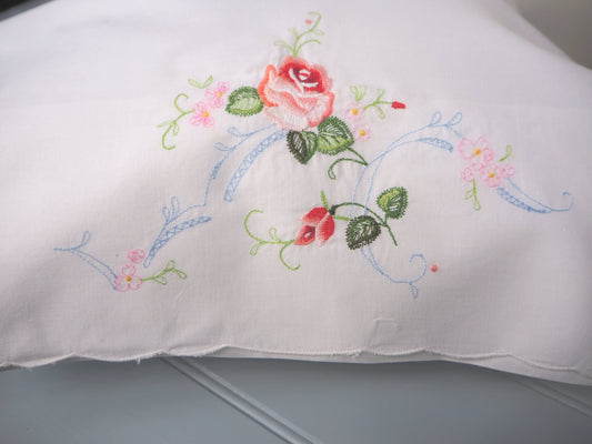 Vintage French rose embroidered white cotton rectangular pillowcase