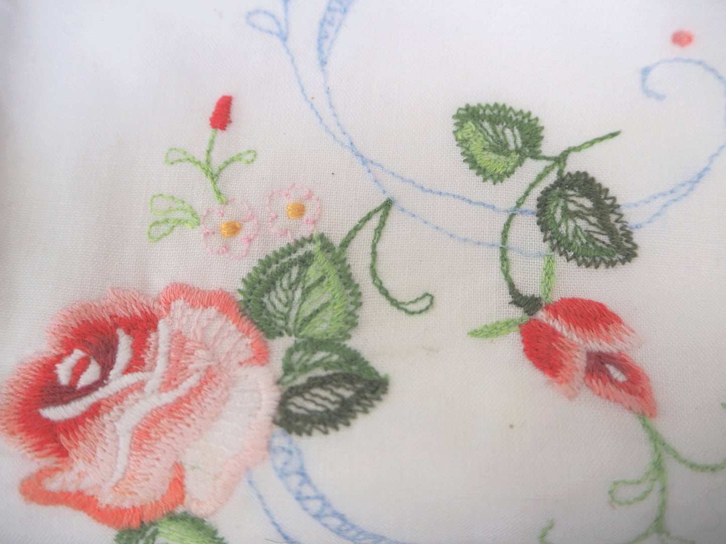 Vintage French rose embroidered white cotton rectangular pillowcase