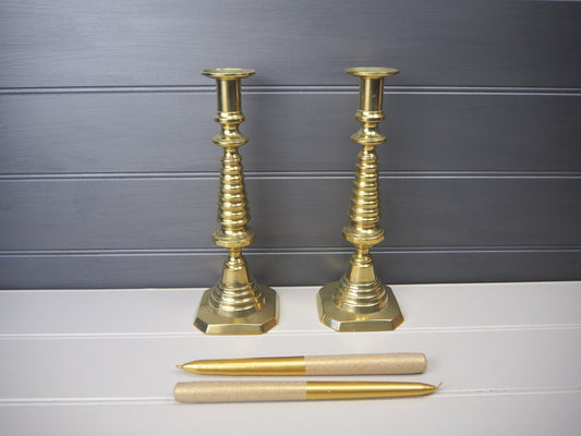 Pair vintage French polished brass candlesticks Bobbin detail Rare
