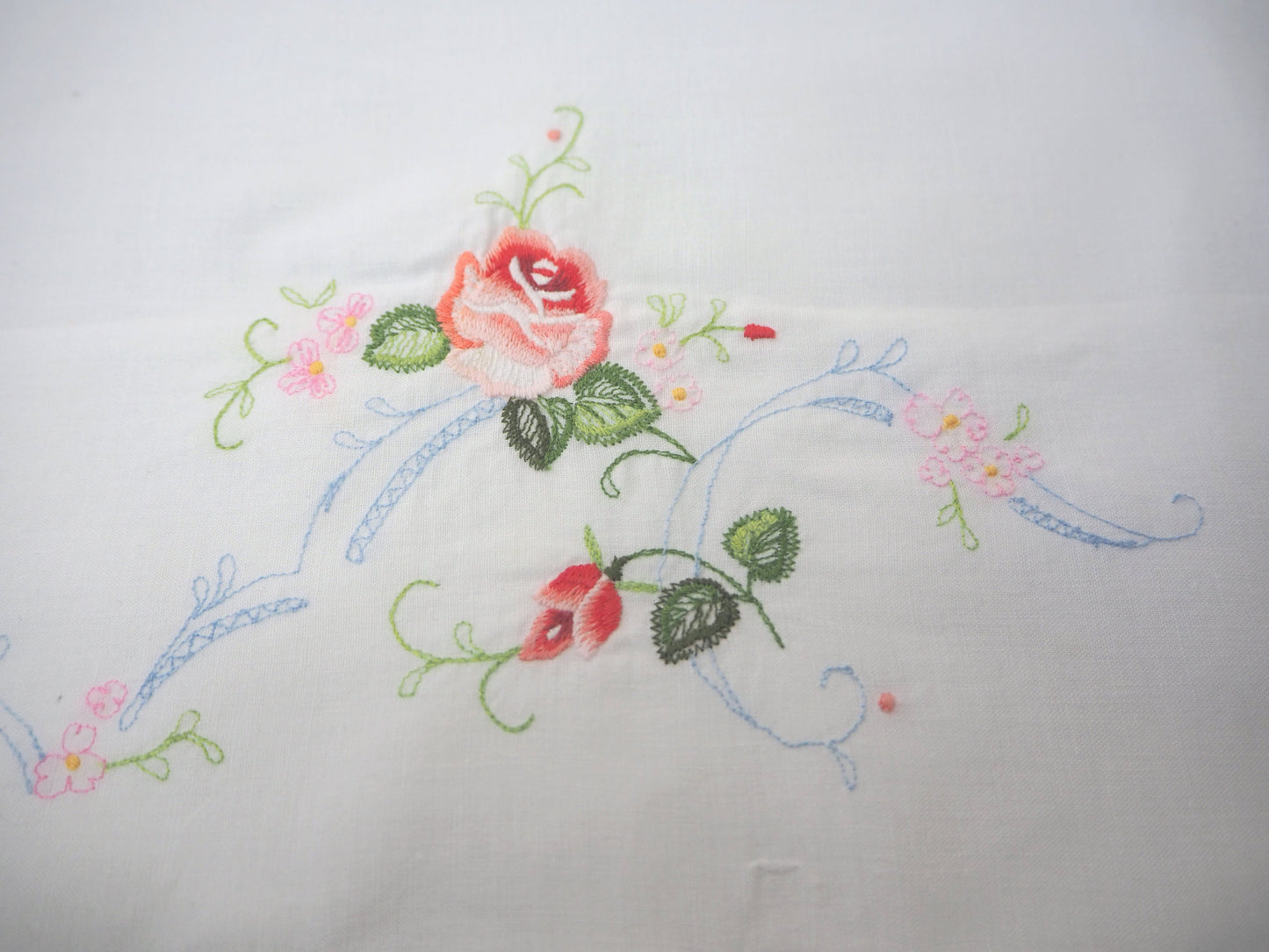 Vintage French rose embroidered white cotton rectangular pillowcase