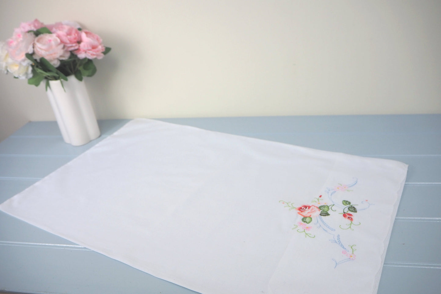 Vintage French rose embroidered white cotton rectangular pillowcase