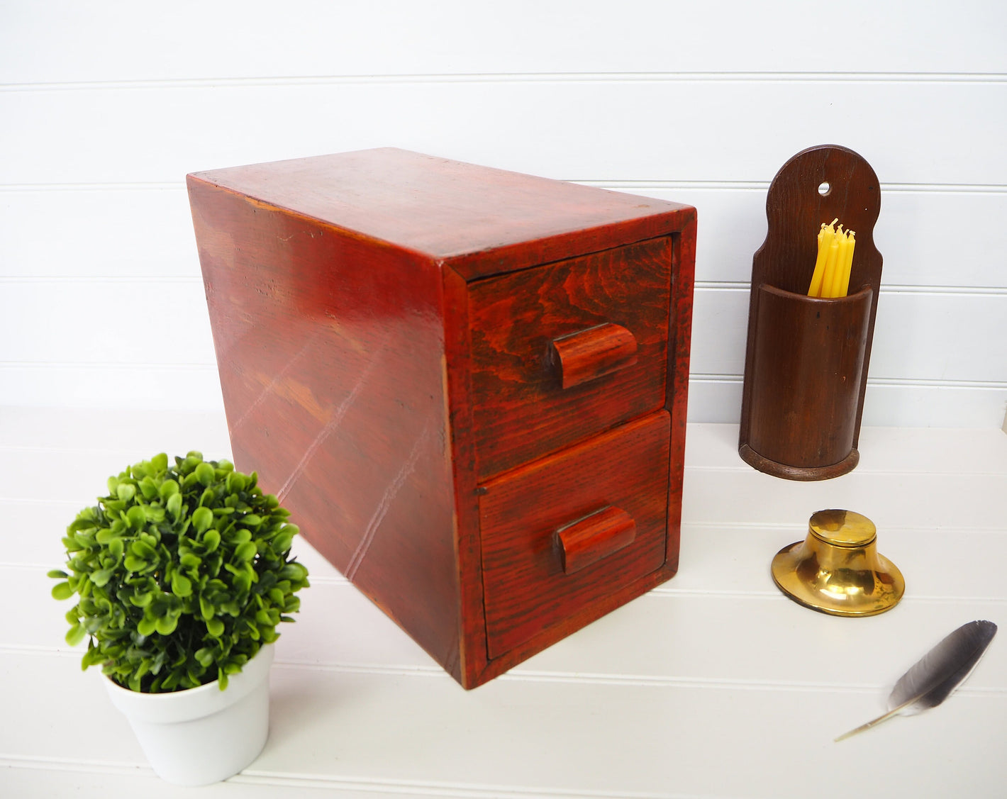 Antique apothecary two drawer compact desk cabinet