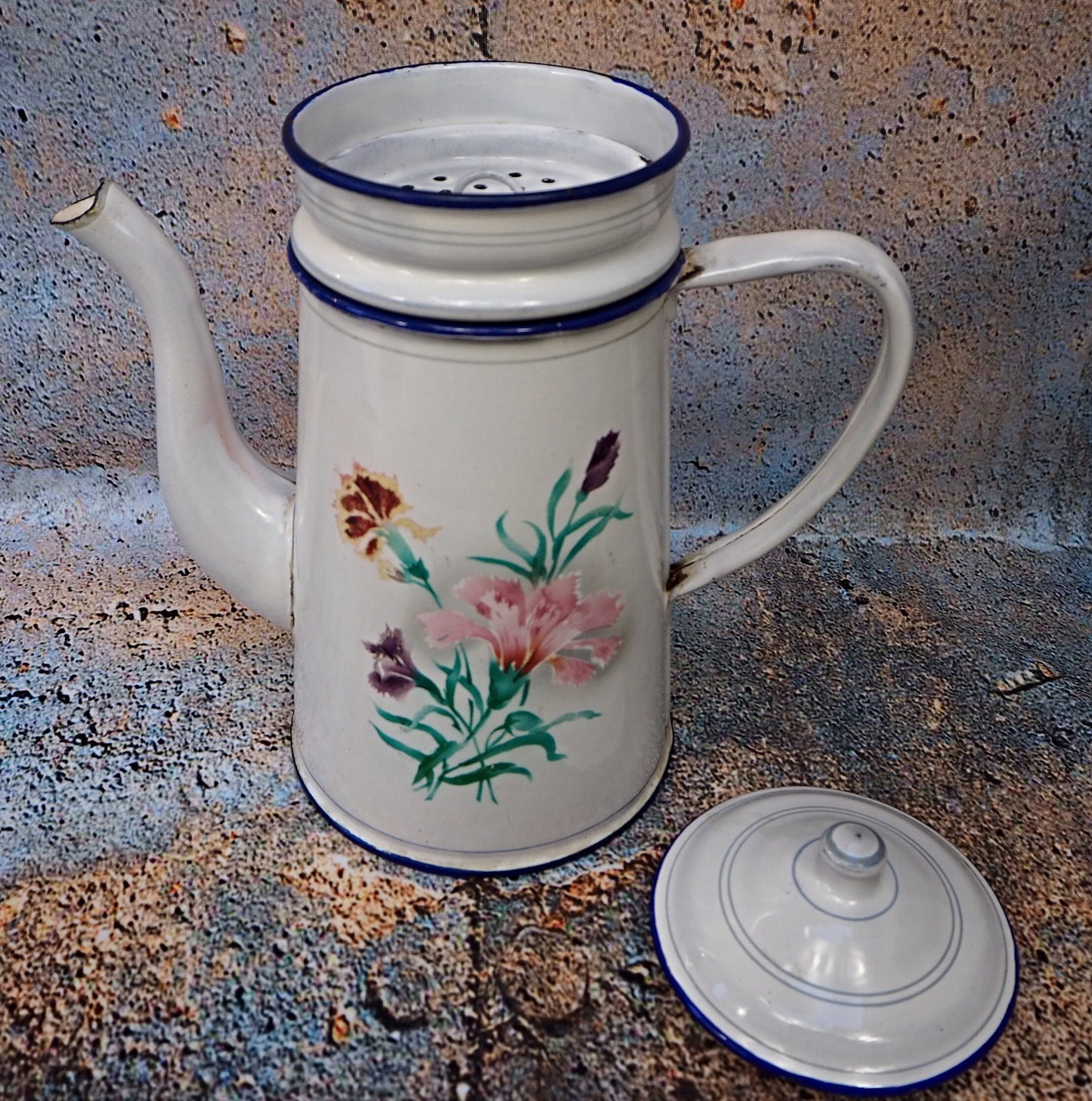 Rare French vintage enamel floral design four part coffee pot 1940s