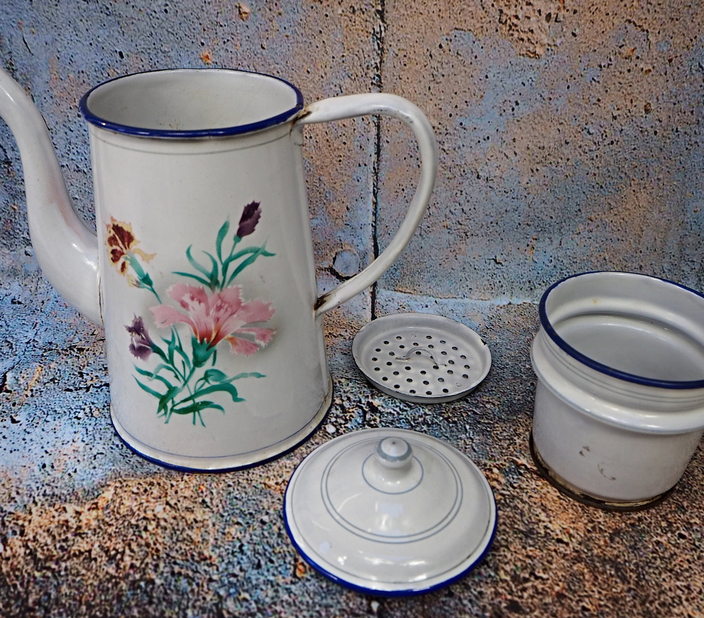 Rare French vintage enamel floral design four part coffee pot 1940s