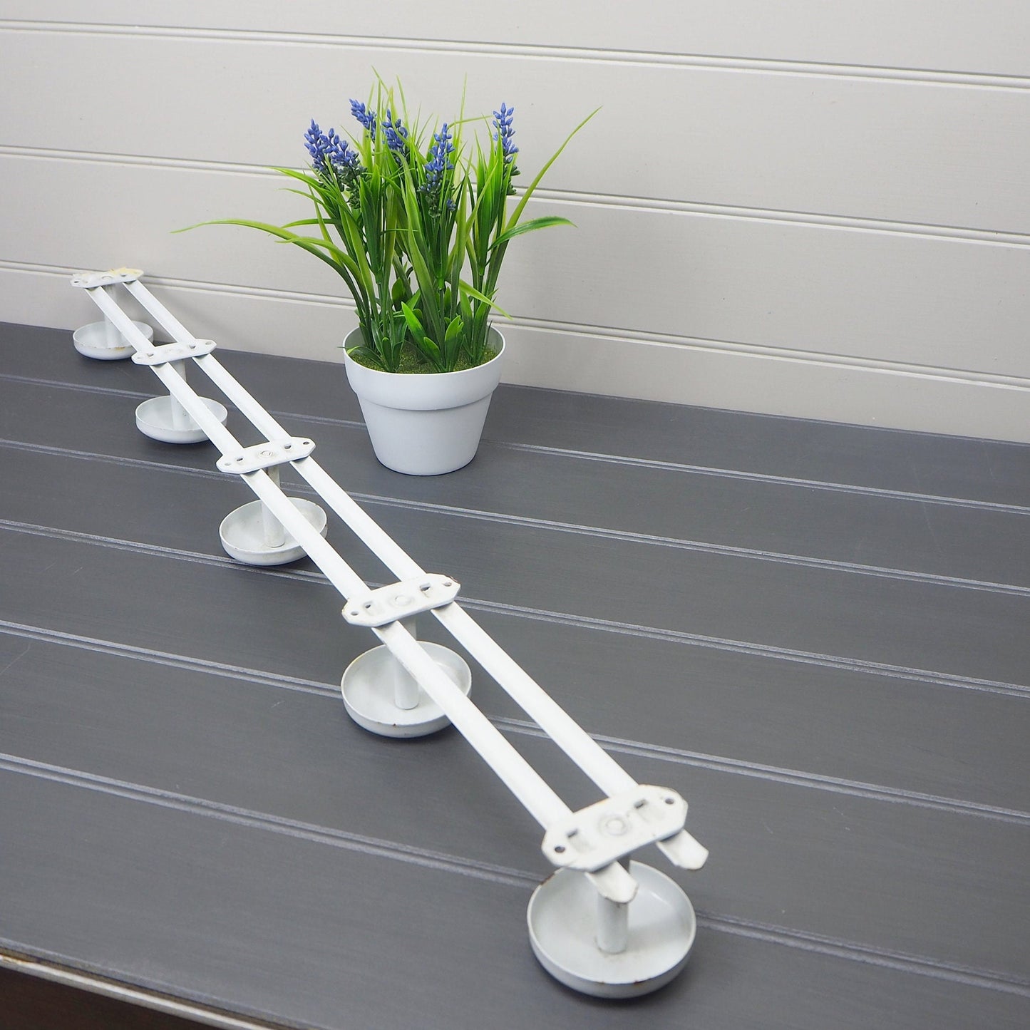 Vintage French long hook rack 1950s 5 peg metal coat rack White hooks