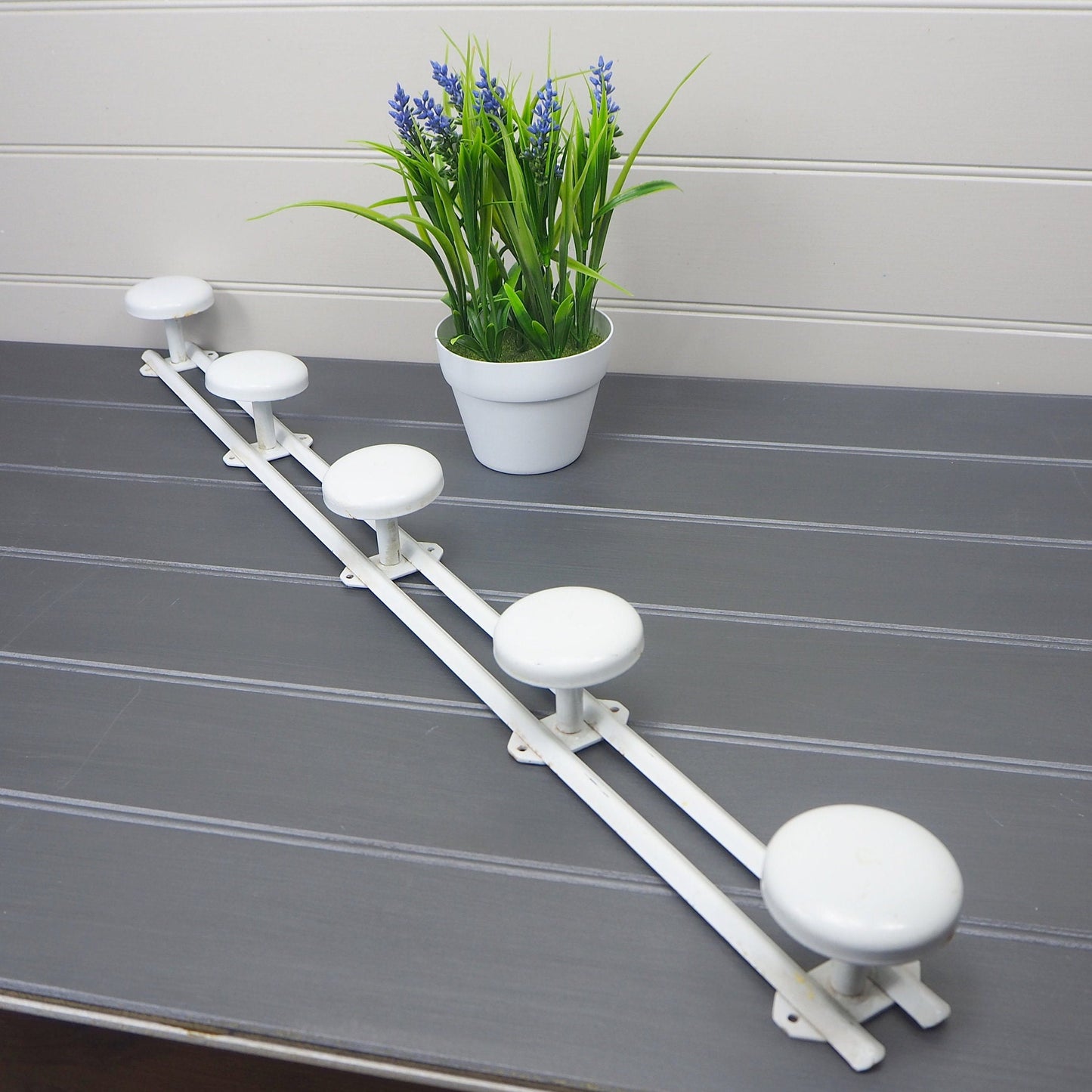 Vintage French long hook rack 1950s 5 peg metal coat rack White hooks