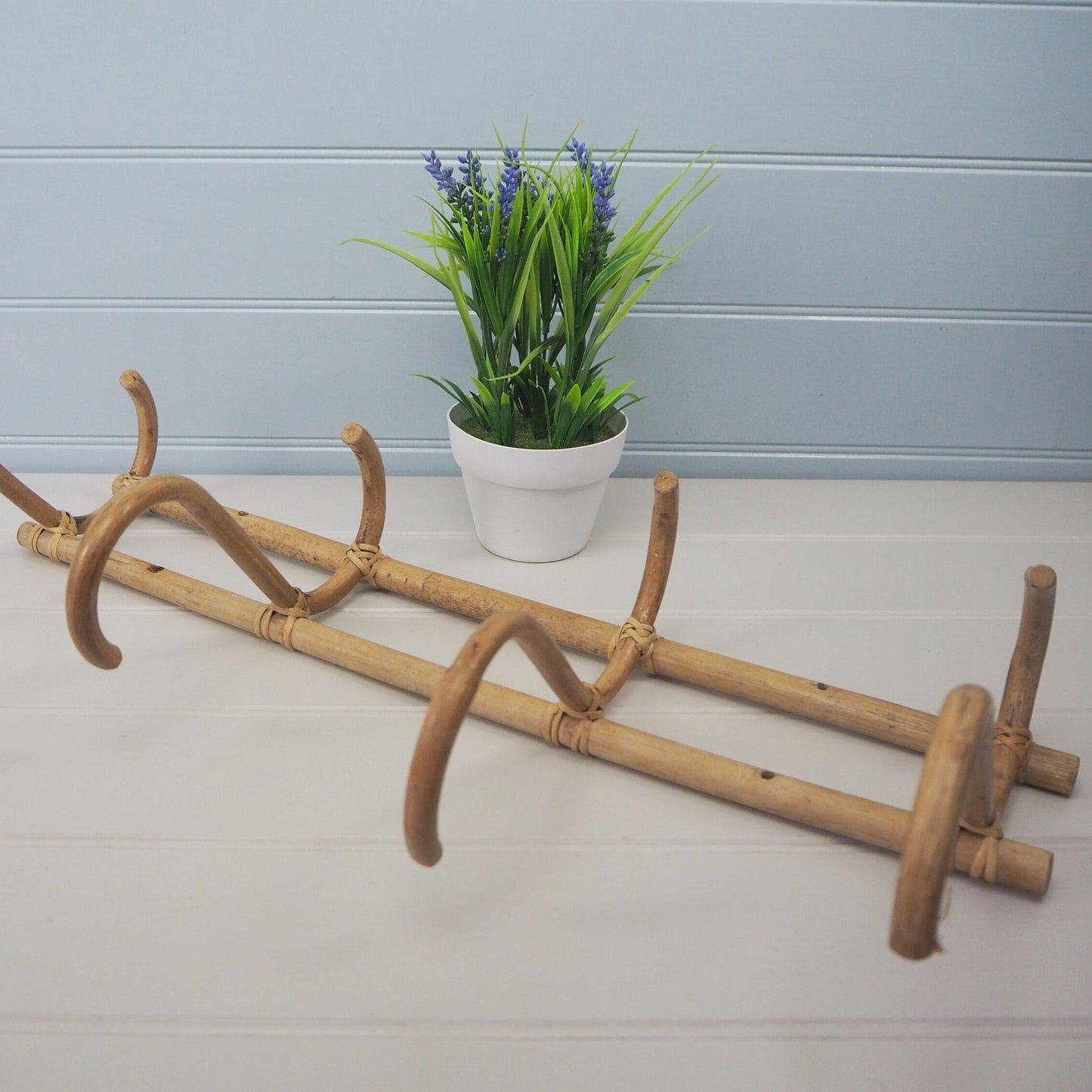 Vintage French bamboo 4 hook rack Antique coat hooks Unusual hanger