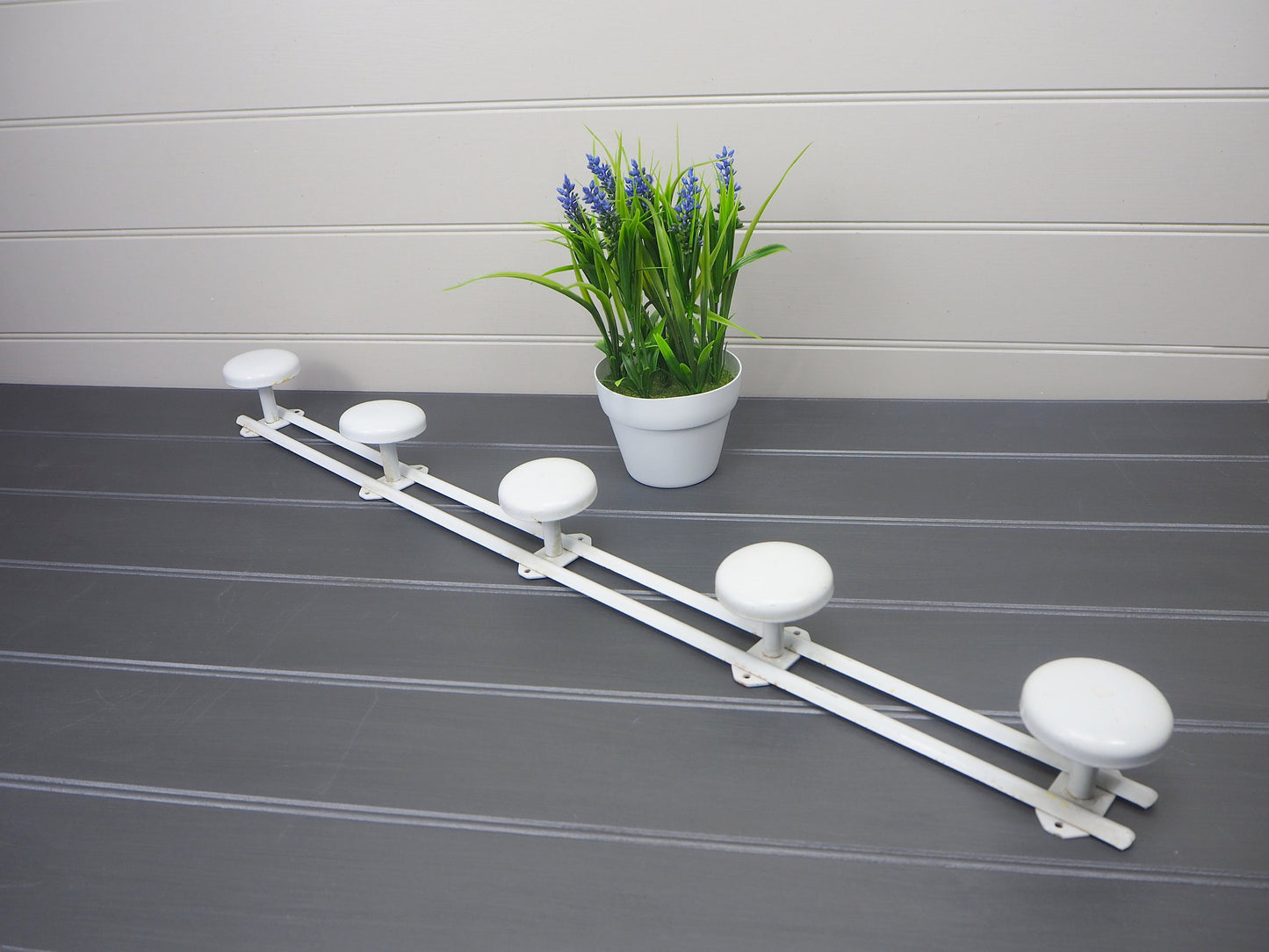 Vintage French long hook rack 1950s 5 peg metal coat rack White hooks