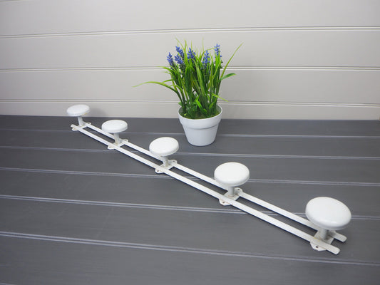 Vintage French long hook rack 1950s 5 peg metal coat rack White hooks