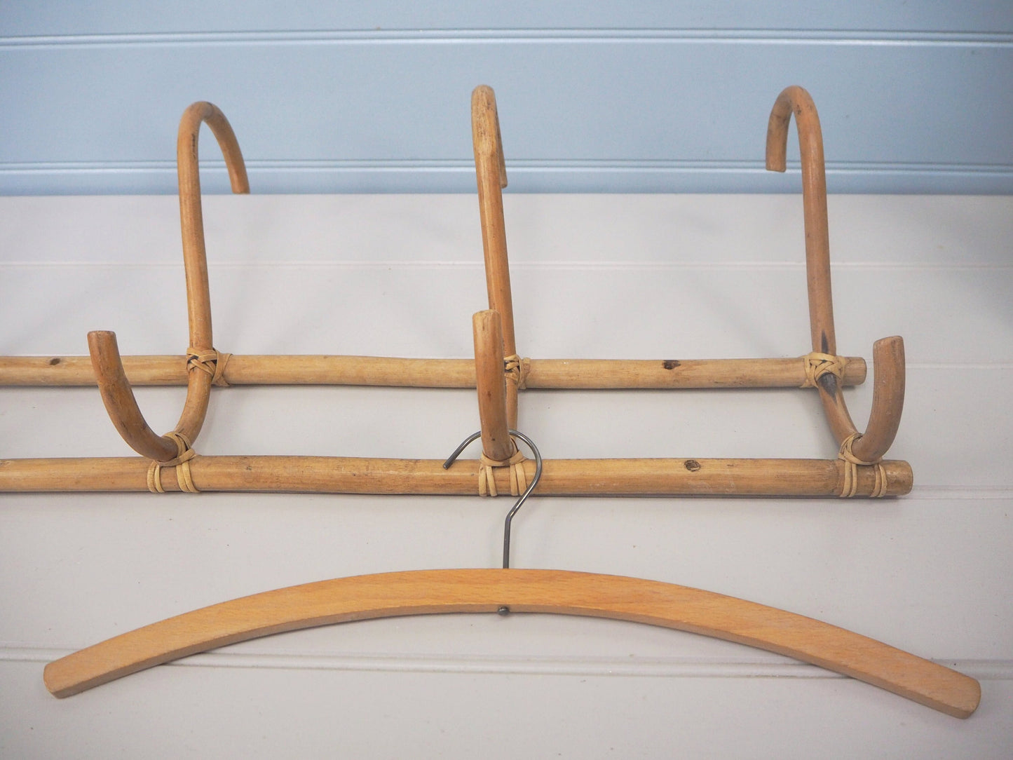 Vintage French bamboo 4 hook rack Antique coat hooks Unusual hanger