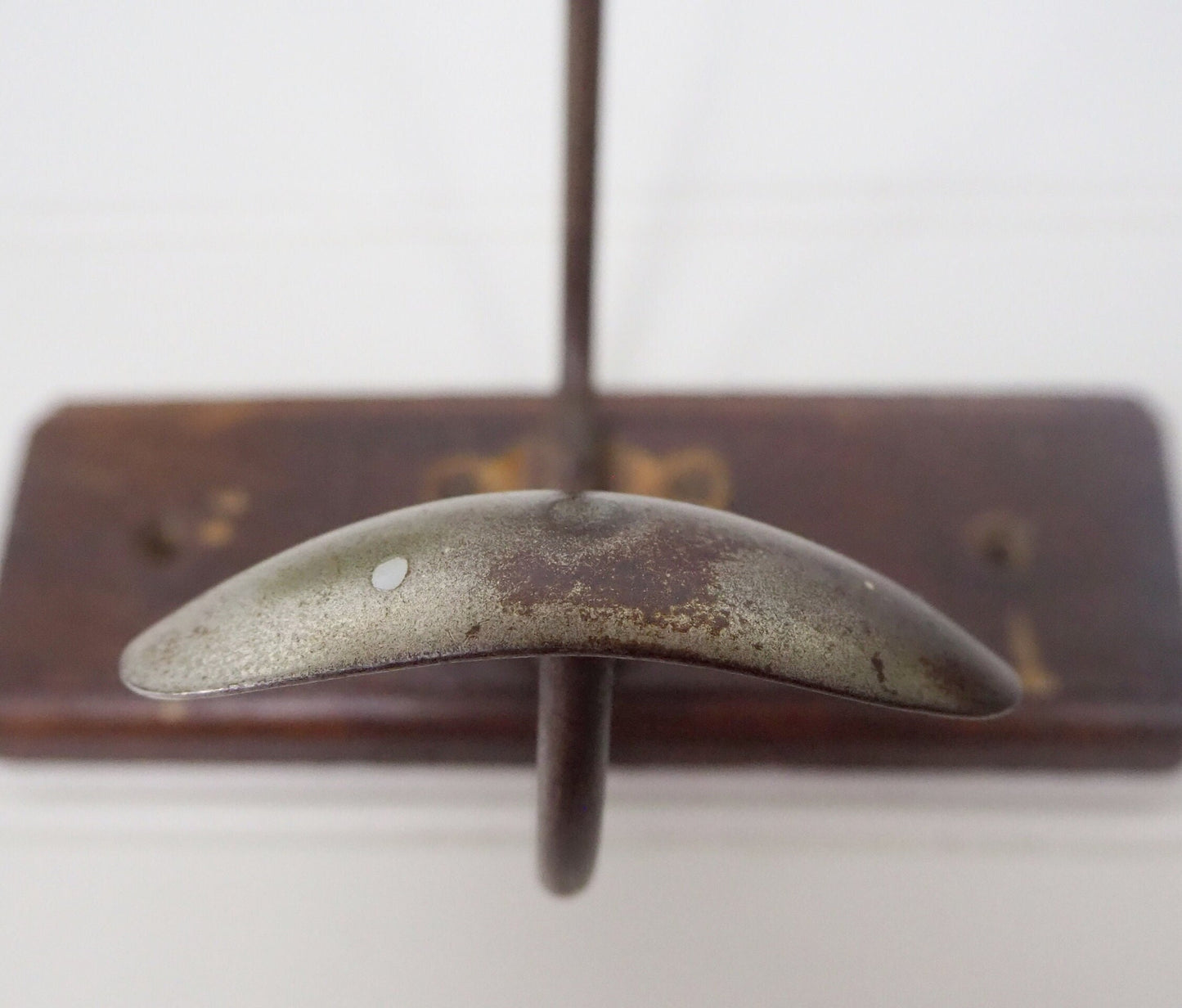 Vintage French red wood and metal compact retro single peg coat hook