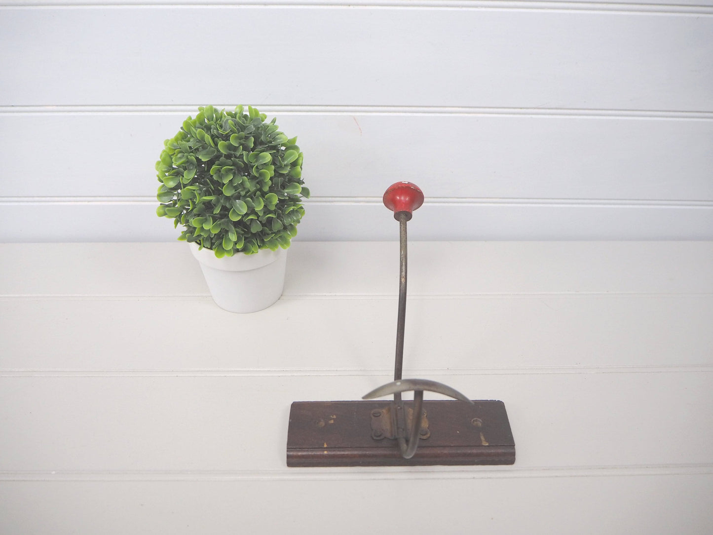 Vintage French red wood and metal compact retro single peg coat hook