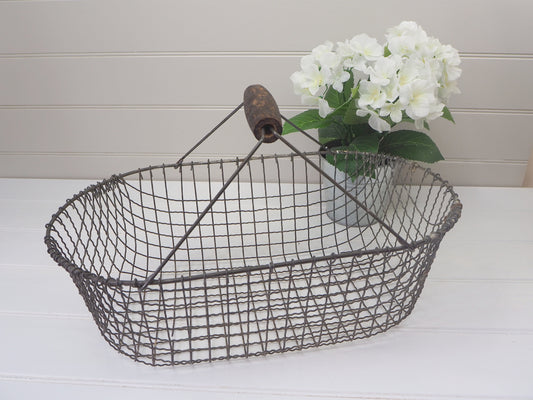 Large antique French oyster basket Wood handle Wire trug Vintage 1900s