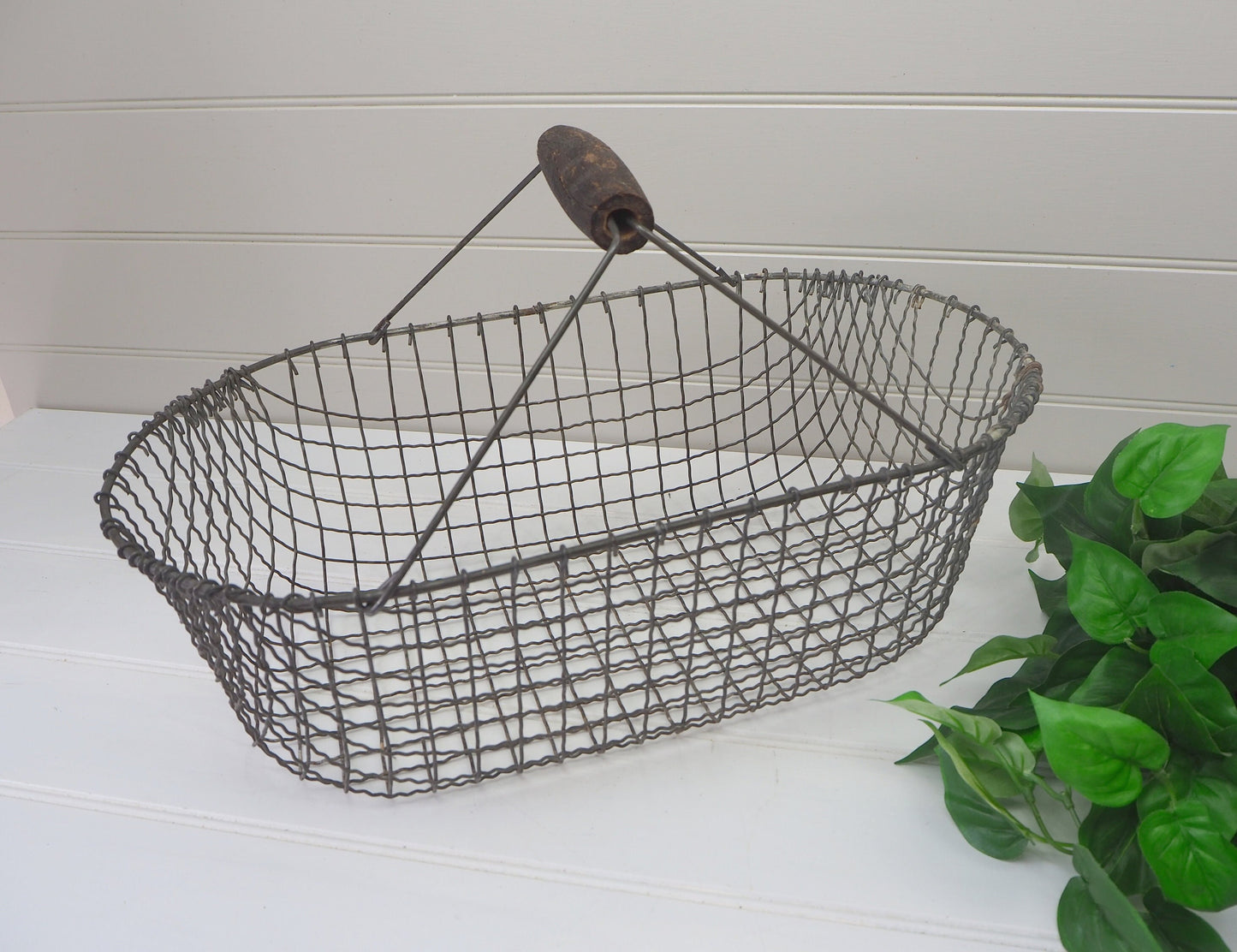 Large antique French oyster basket Wood handle Wire trug Vintage 1900s