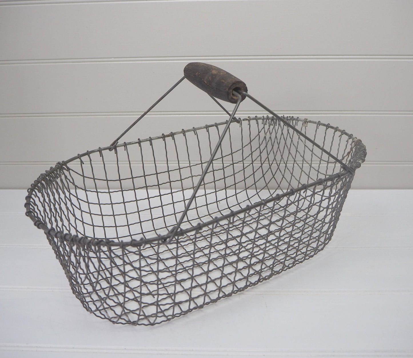 Large antique French oyster basket Wood handle Wire trug Vintage 1900s