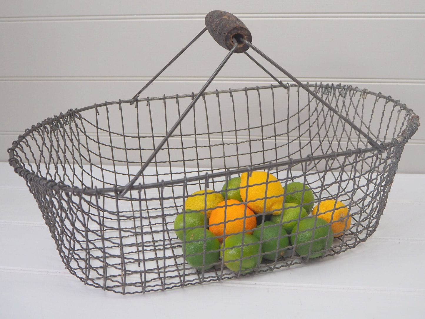 Large antique French oyster basket Wood handle Wire trug Vintage 1900s