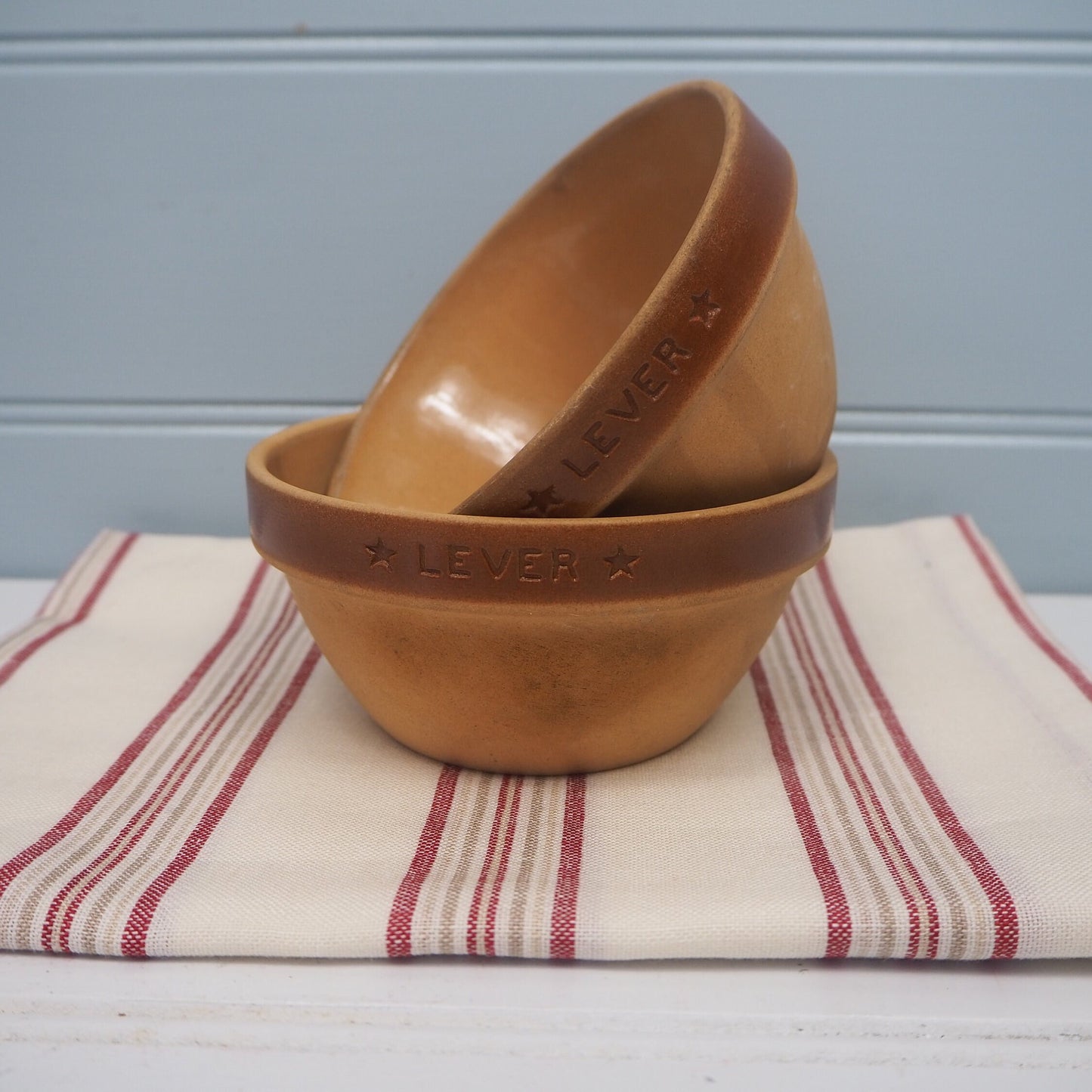 Pair vintage French Gien mini terracotta glazed bowls Brown Grès Lever