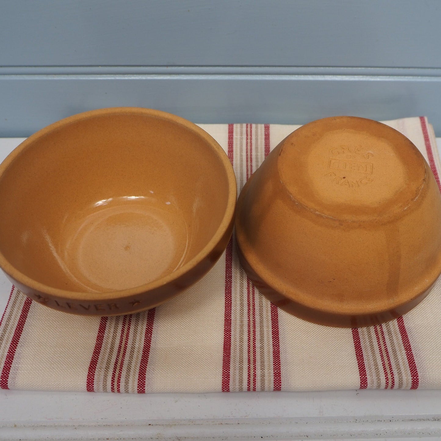 Pair vintage French Gien mini terracotta glazed bowls Brown Grès Lever