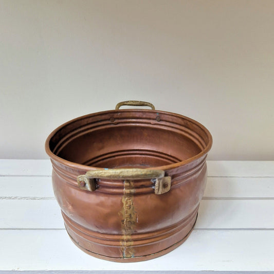 Vintage French copper and brass planter jardinière Oval cache pot with handles