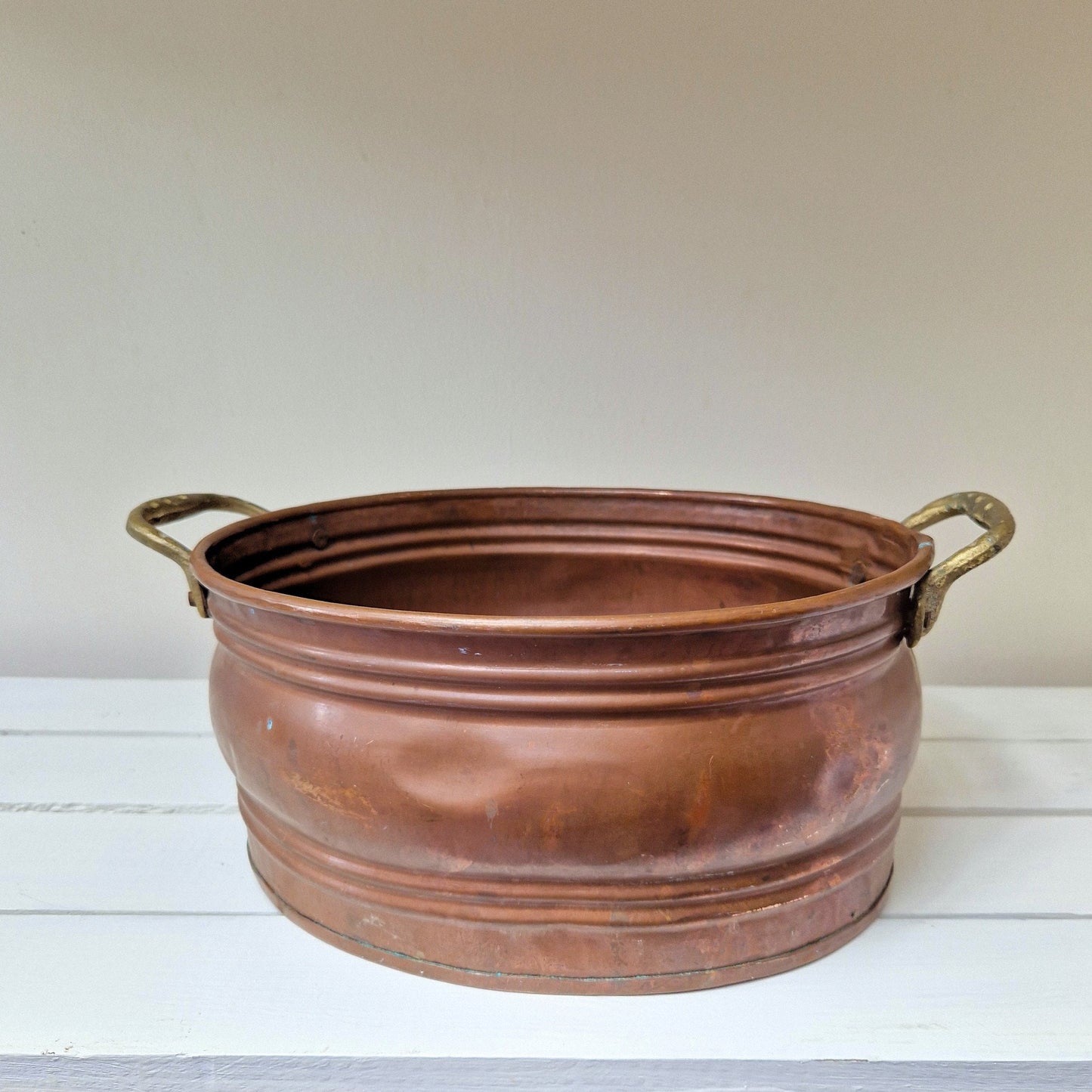 Vintage French copper and brass planter jardinière Oval cache pot with handles