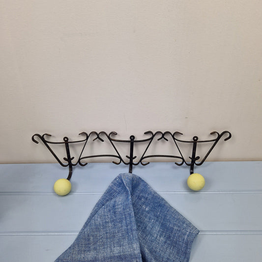 Vintage French Atomic 3 hook coat rack 1950s Yellow plastic and metal hooks