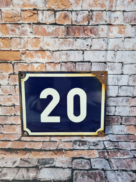 Vintage French enamel navy blue and white house number plaque 20