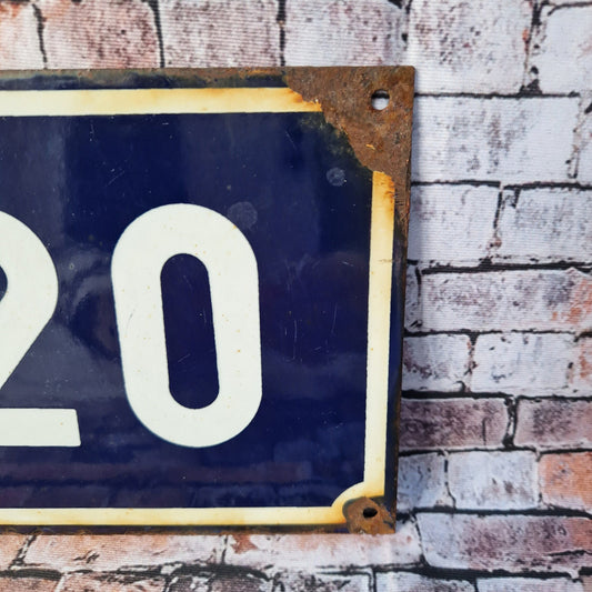 Vintage French enamel navy blue and white house number plaque 20