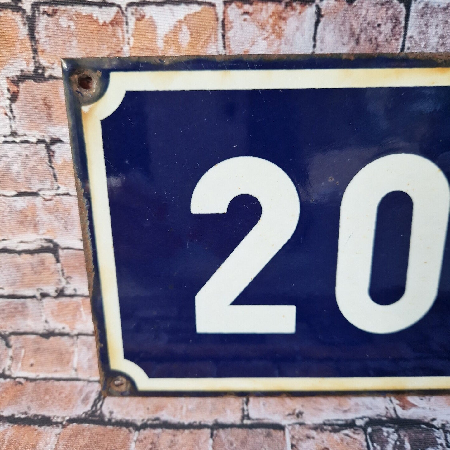 Vintage French enamel navy blue and white house number plaque 20