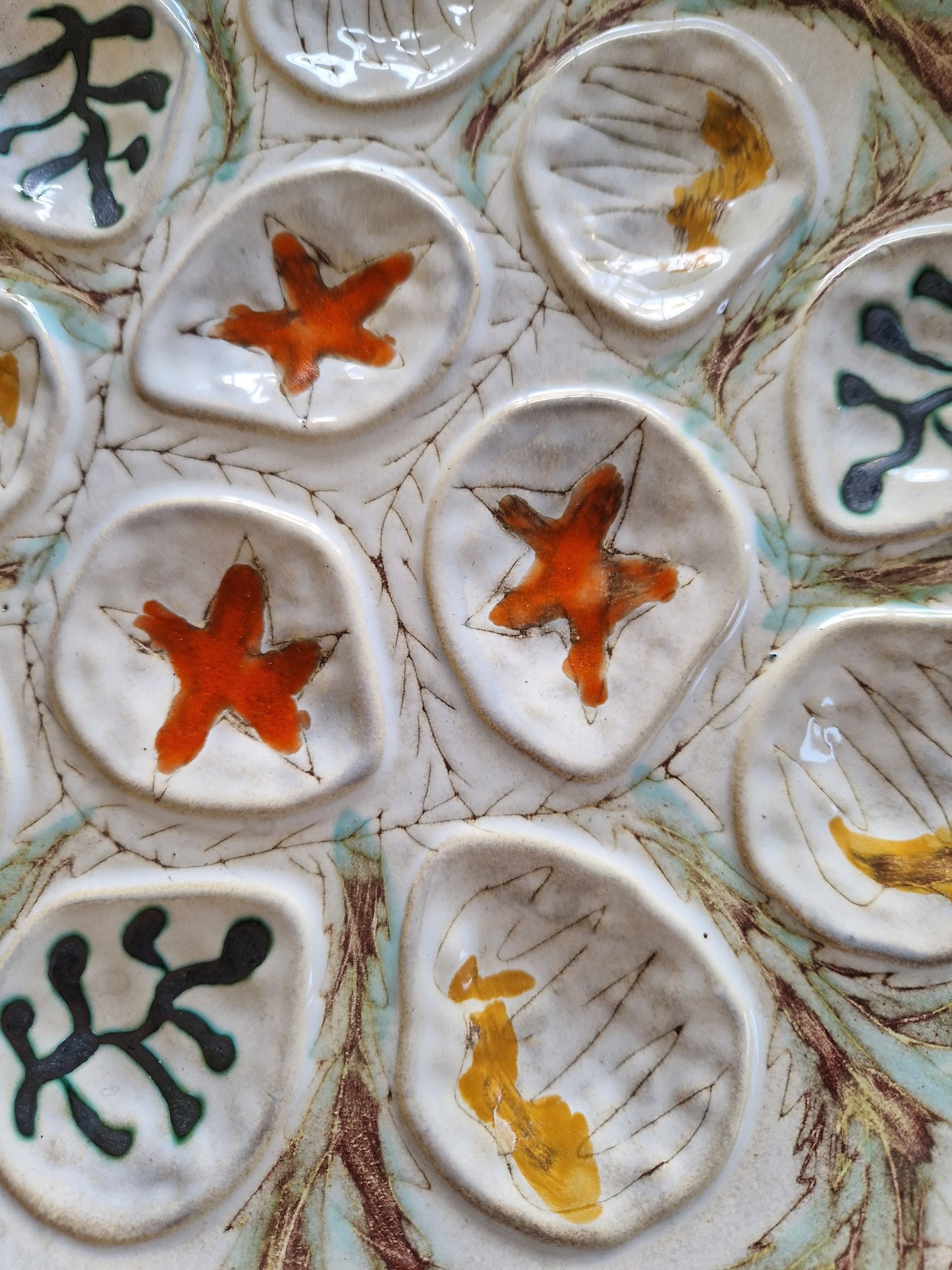 Set vintage French MBFA Pornic 1960s Hand painted Penerff Seafood plates