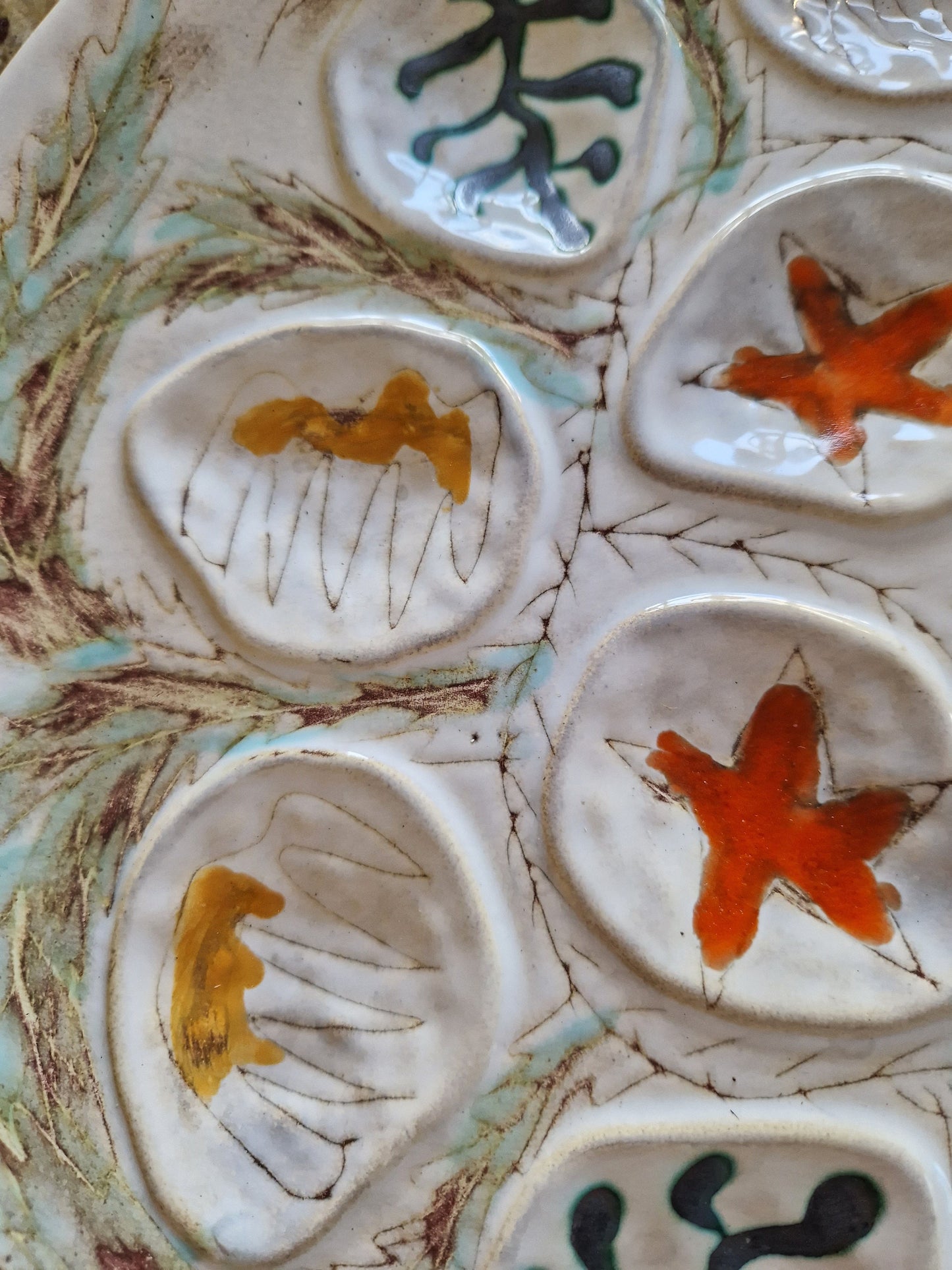 Set vintage French MBFA Pornic 1960s Hand painted Penerff Seafood plates