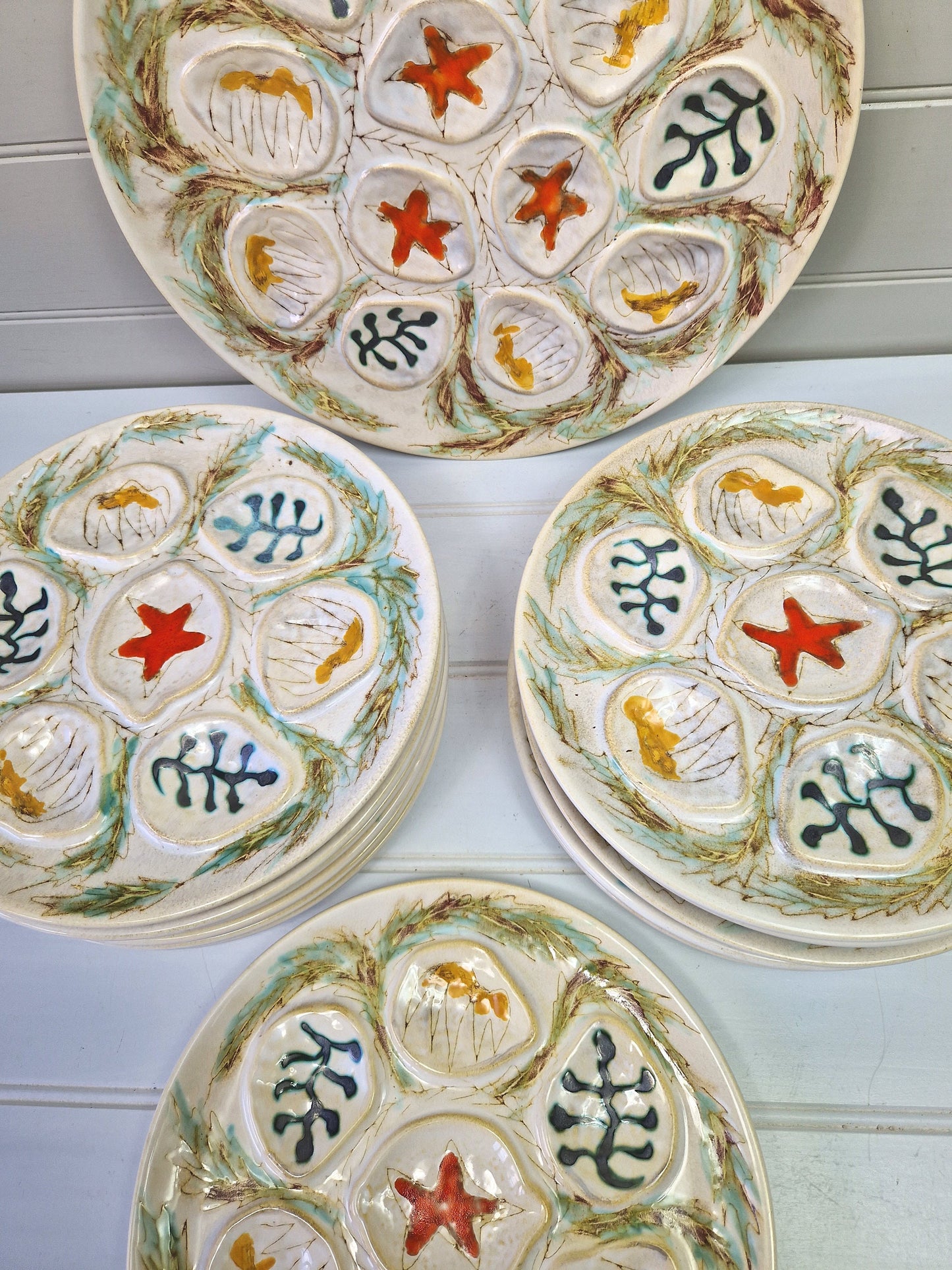 Set vintage French MBFA Pornic 1960s Hand painted Penerff Seafood plates