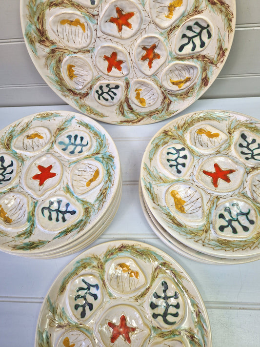 Set vintage French MBFA Pornic 1960s Hand painted Penerff Seafood plates