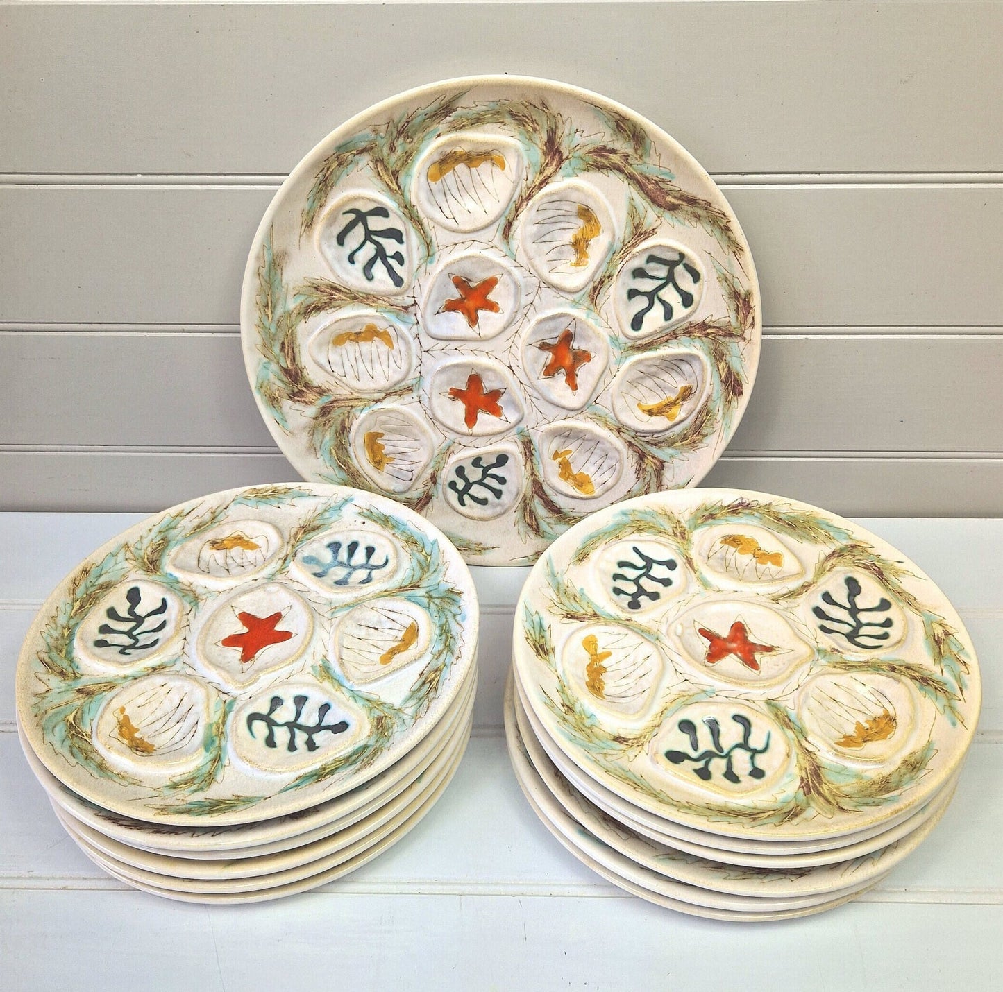 Set vintage French MBFA Pornic 1960s Hand painted Penerff Seafood plates