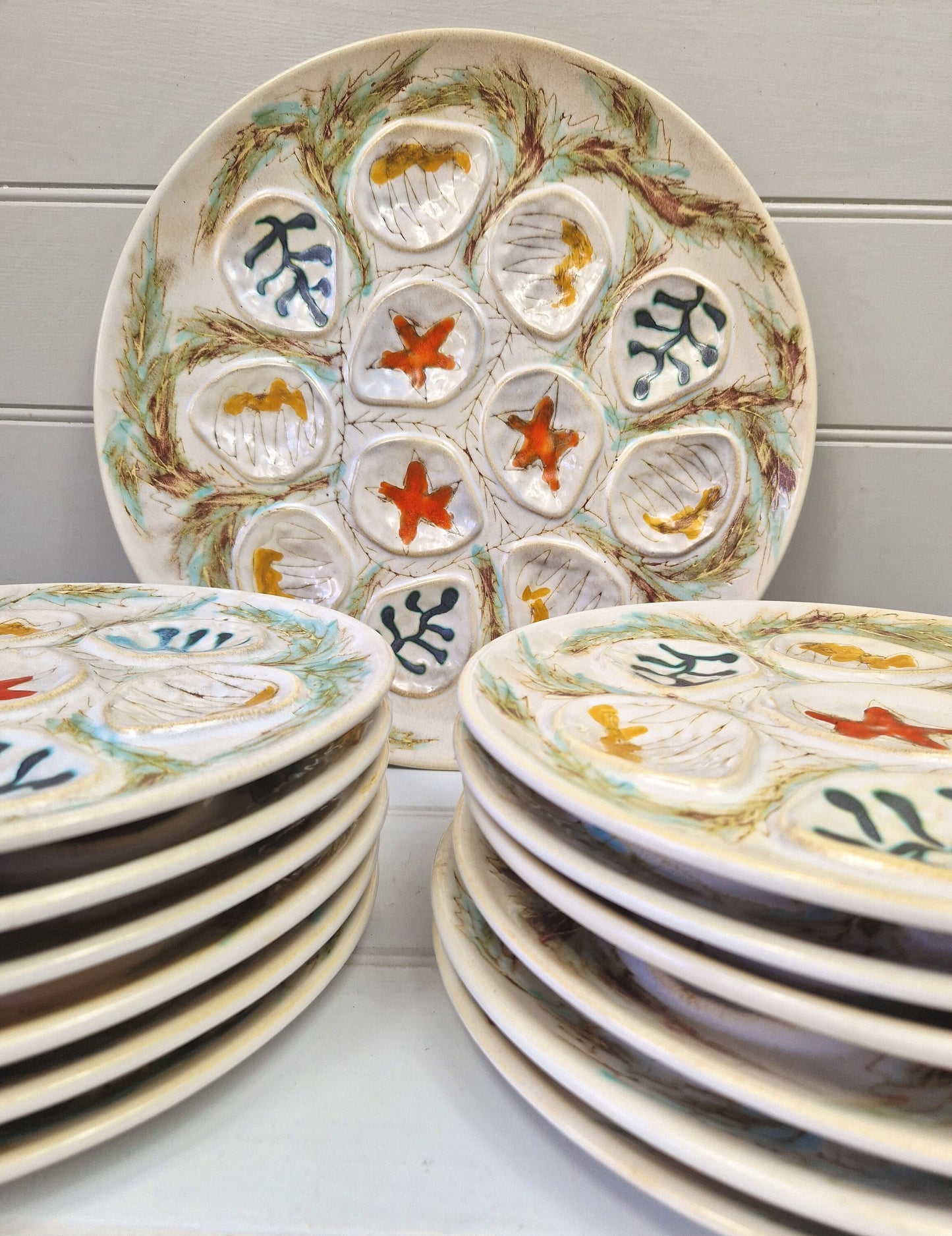 Set vintage French MBFA Pornic 1960s Hand painted Penerff Seafood plates