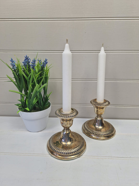 Pair compact William Adams silver plate decorative candlesticks 1950s