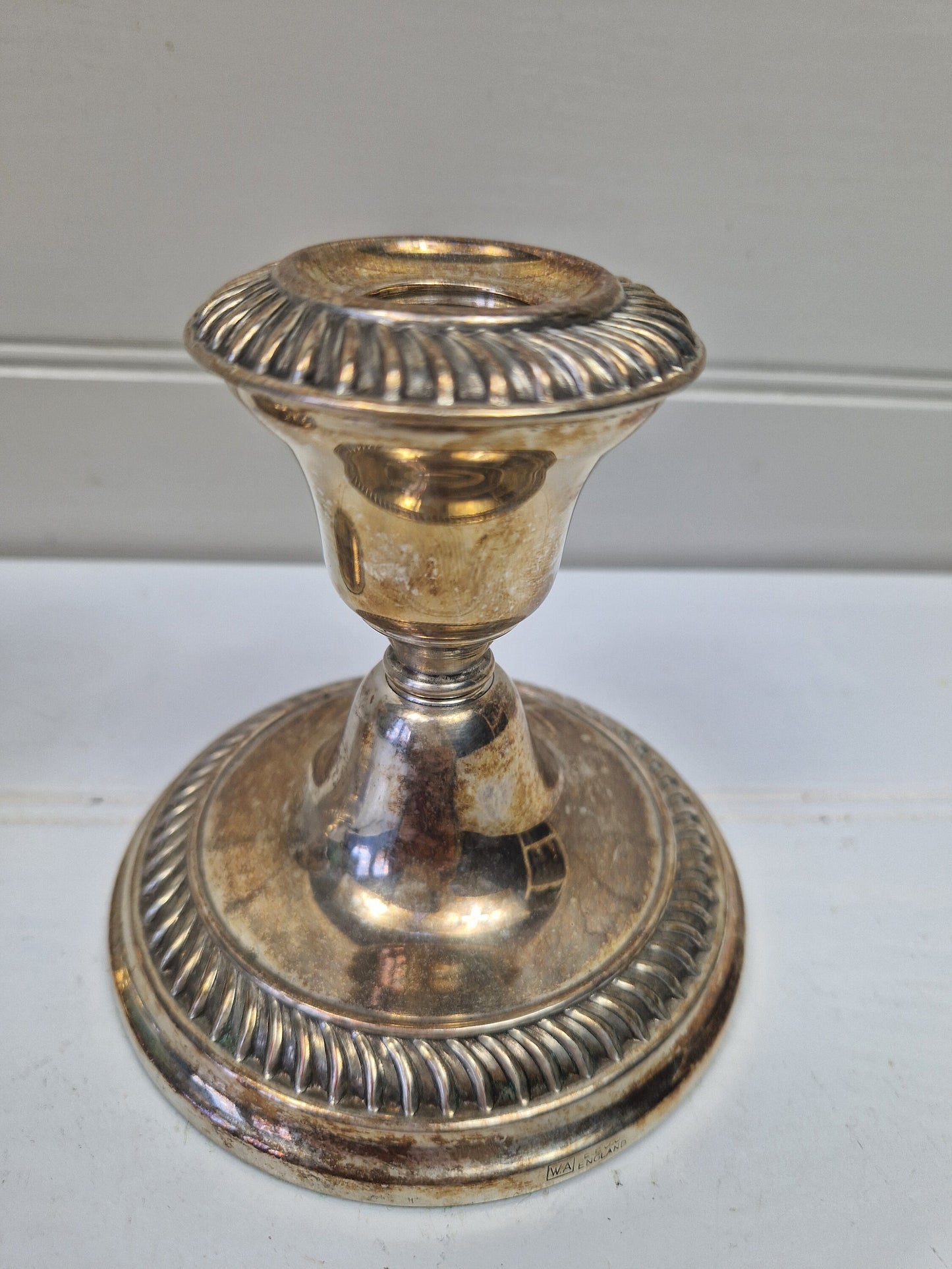 Pair compact William Adams silver plate decorative candlesticks 1950s