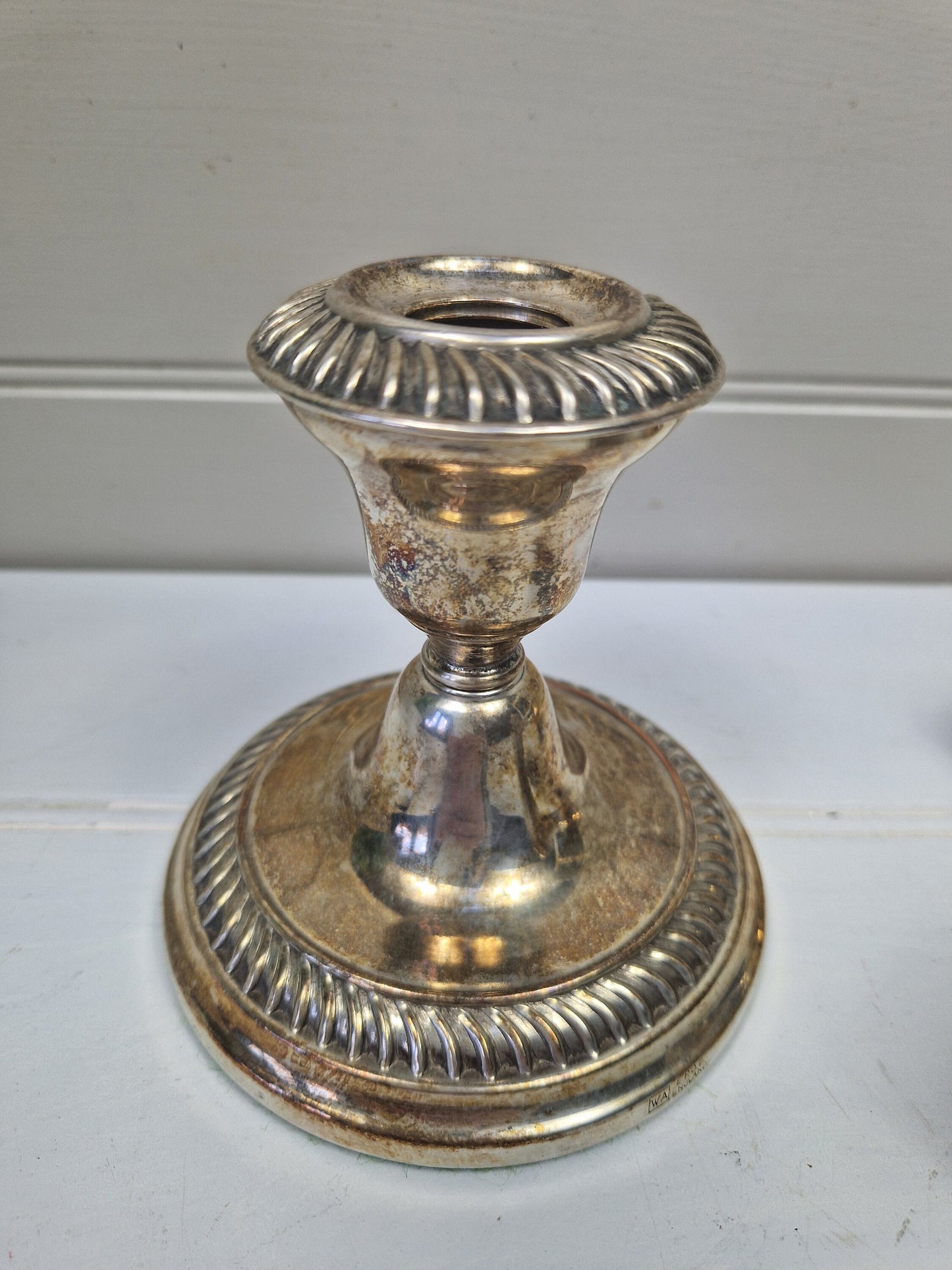 Pair compact William Adams silver plate decorative candlesticks 1950s