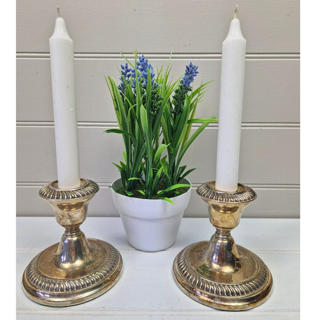 Pair compact William Adams silver plate decorative candlesticks 1950s