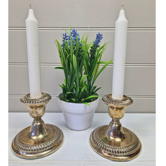 Pair compact William Adams silver plate decorative candlesticks 1950s