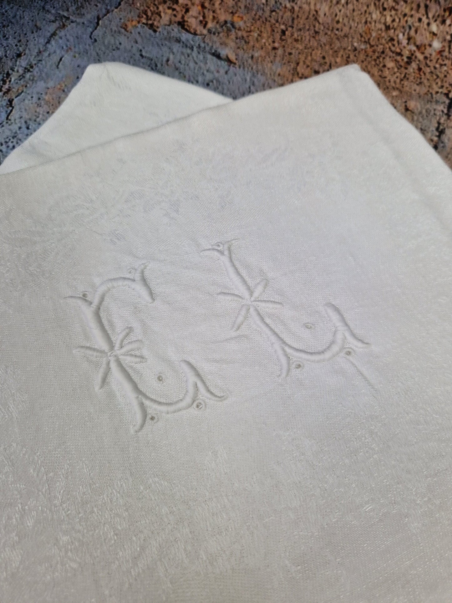 Pair vintage French CL GL monogram embroidered dinner table napkins