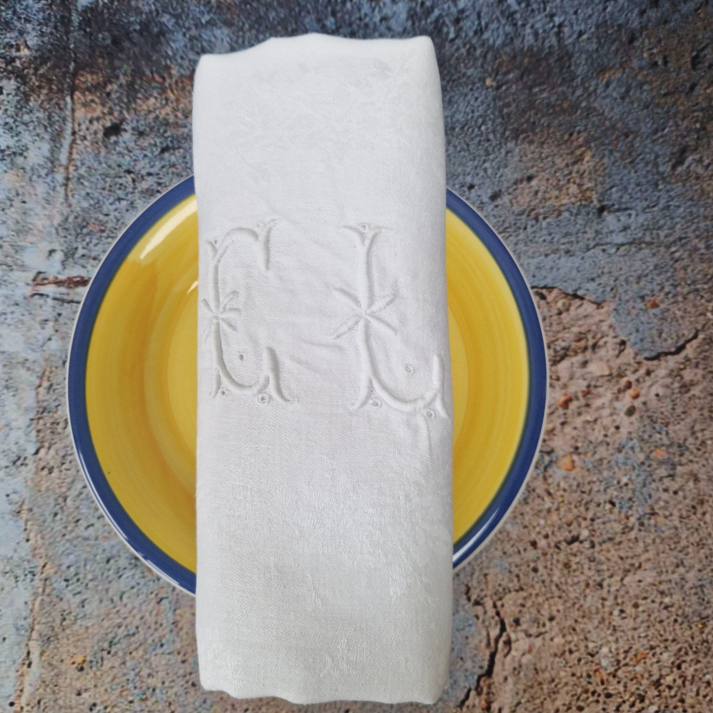 Pair vintage French CL GL monogram embroidered dinner table napkins