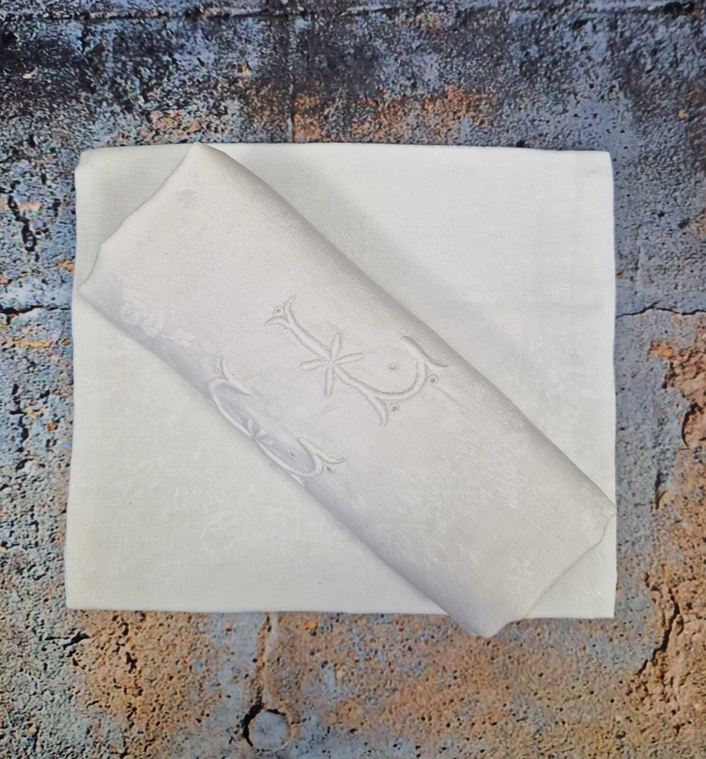 Pair vintage French CL GL monogram embroidered dinner table napkins